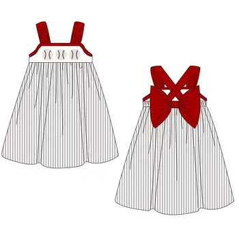 2023 Бутик детских платьев с бейсбольным принтом в полоску и красным бантом, новейшая летняя одежда для маленьких детей, костюм для малышей, комплект для девочек