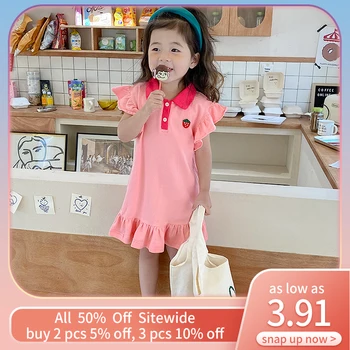 Летние платья для маленьких девочек, розовое платье-ПОЛО для малышей, Тонкое хлопковое повседневное Спортивное Детское платье, Детская одежда