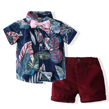 Комплект одежды для маленьких мальчиков, комплект летней одежды для маленьких мальчиков, рубашка с короткими рукавами и принтом + Шорты, костюм джентльмена из 2 предметов, детская одежда для мальчиков