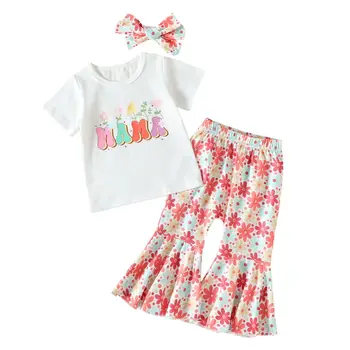 Летний бутик детской одежды на День матери, Милые топы с короткими рукавами для девочек, расклешенные брюки с цветочным принтом, комплект