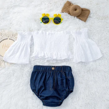 Модный наряд для девочки 1, 2, 3 лет, однотонный укороченный топ с открытыми плечами и треугольные джинсовые шорты, солнцезащитные очки для младенцев, набор для фотосъемки