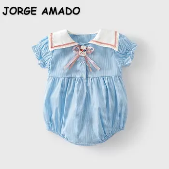 Новое летнее боди для маленьких девочек в синюю полоску, Белый Лоскутный комбинезон с отложным воротником, короткими пышными рукавами, Одежда для новорожденных E22559