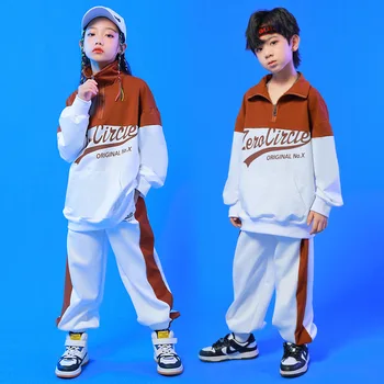 Детская одежда в стиле хип-хоп, 2-тонная толстовка на молнии, пуловер, повседневные спортивные штаны для бега трусцой для девочек, танцевальный костюм для мальчиков, наряды