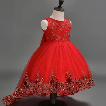 Кружевное платье для девочек в цветочек, детские свадебные платья с бабочками из красной сетки, детское бальное платье с вышитым бантом, вечернее платье