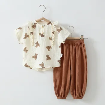 Летняя одежда для малышей, дышащий муслиновый хлопковый костюм с коротким рукавом, комплект одежды для мальчиков и девочек от 0 до 24 м