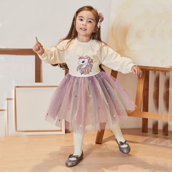 2020 Осень /зима, Новая Детская одежда, Модное платье с корейскими героями мультфильмов, Свитер для девочек, Кружевное платье Принцессы, Детская одежда