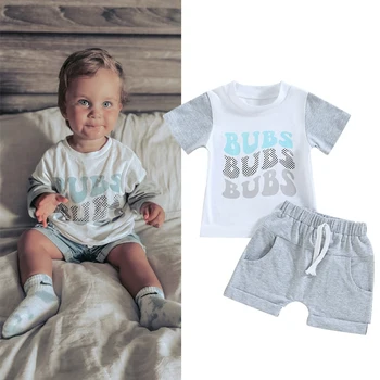 FOCUSNORM, комплекты летней одежды для мальчиков из 2 предметов, цветные футболки в стиле пэчворк с коротким рукавом и буквенным принтом и однотонные шорты