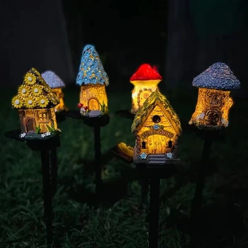 Светодиодный садовый светильник для коттеджа из смолы, светодиодный солнечный светильник для лужайки, миниатюрный Сказочный домик, Рождественская лампа для наружного декора на солнечной энергии
