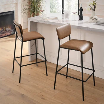 Барные стулья из искусственной кожи Pu, набор из 2 \ Барных стульев для паба со спинкой и подставкой для ног \ Коричневый (18,25 
