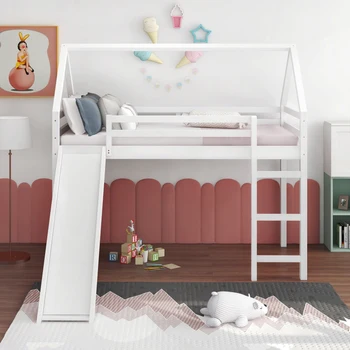 Двуспальная кровать-чердак с горкой, домашняя кровать с горкой, белый