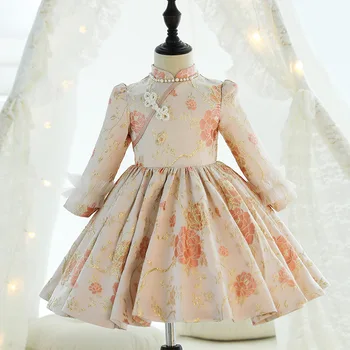 Детское платье принцессы с длинными рукавами для девочки в цветочек, платье с бусинами для девочек, платье для дня рождения ребенка, Свадебная вечеринка, Праздничная Пасха