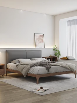 Легкая роскошная современная кожаная кровать из массива дерева в скандинавском стиле, 1,8 м, двуспальная кровать в главной спальне, 1,5 м, маленькая семейная кровать с высокими ножками