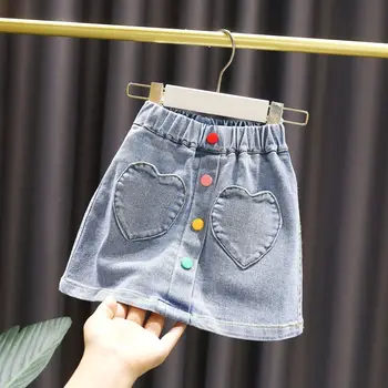 Детские юбки в форме сердца для девочек, Новое поступление 2023 года, детские милые джинсовые юбки с радужными пуговицами, джинсовые юбки для танцев в корейском стиле