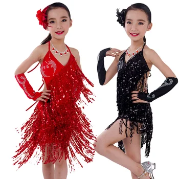 Платья для латиноамериканских танцев с блестками для девочек, детская юбка с кисточками, костюмы для латиноамериканских танцев 4-12 лет