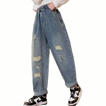 Джинсы для девочки с большими дырками, джинсы для девочек, детские повседневные джинсы, весенне-осенняя детская одежда 6 8 10 12 14