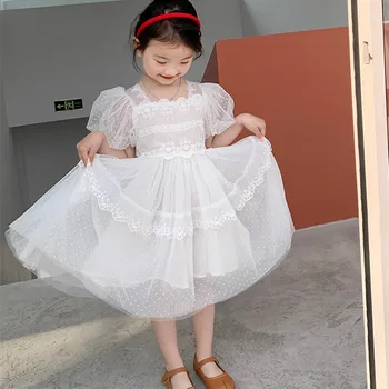 deer jonmi 2022 Летние платья принцессы для маленьких девочек, кружевное Однотонное бальное платье с пышными рукавами для малышей, платье для вечеринки по случаю Дня рождения детей